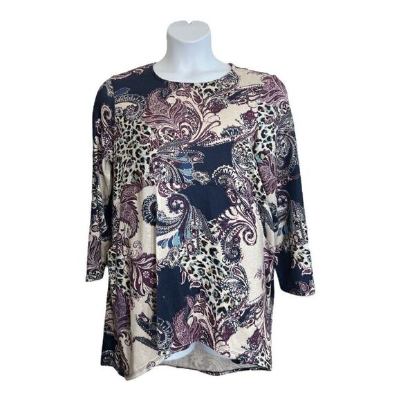 Chicos Purple Blue Printed High Low Tunic Size 2(Large) Long-Sleeve Pockets - Picture 1 of 13